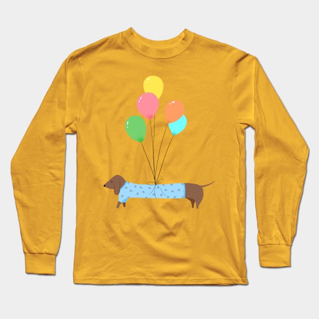 Sausage Dog With Balloons Long Sleeve T-Shirt by Lizzamour